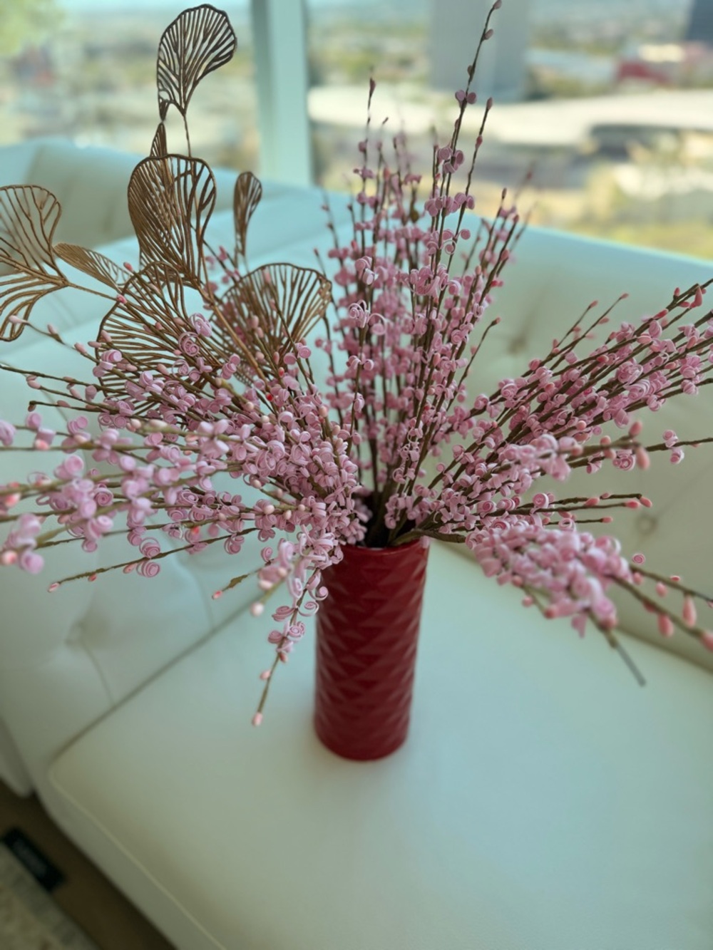 Decorative Pink Floral Branches in Red Vase - Home Accents